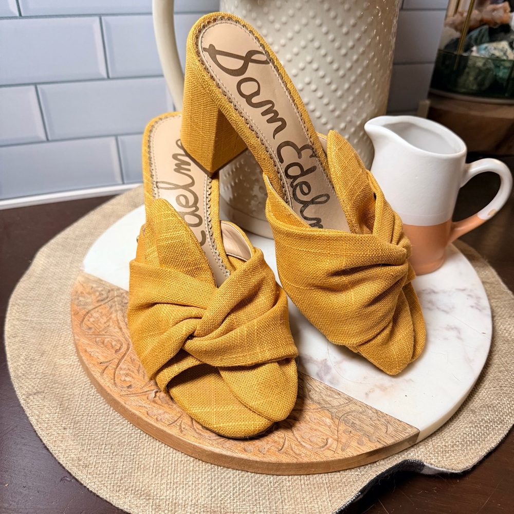 Sam Edelman Oda Yellow Knotted Block Heeled Sandals Sz 7.5